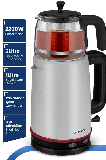 GoldMaster Dem inox 2200 Watt XL Stainless Steel Tea Maker and Water Heater with Stainless Steel Teapot - MALLTURK