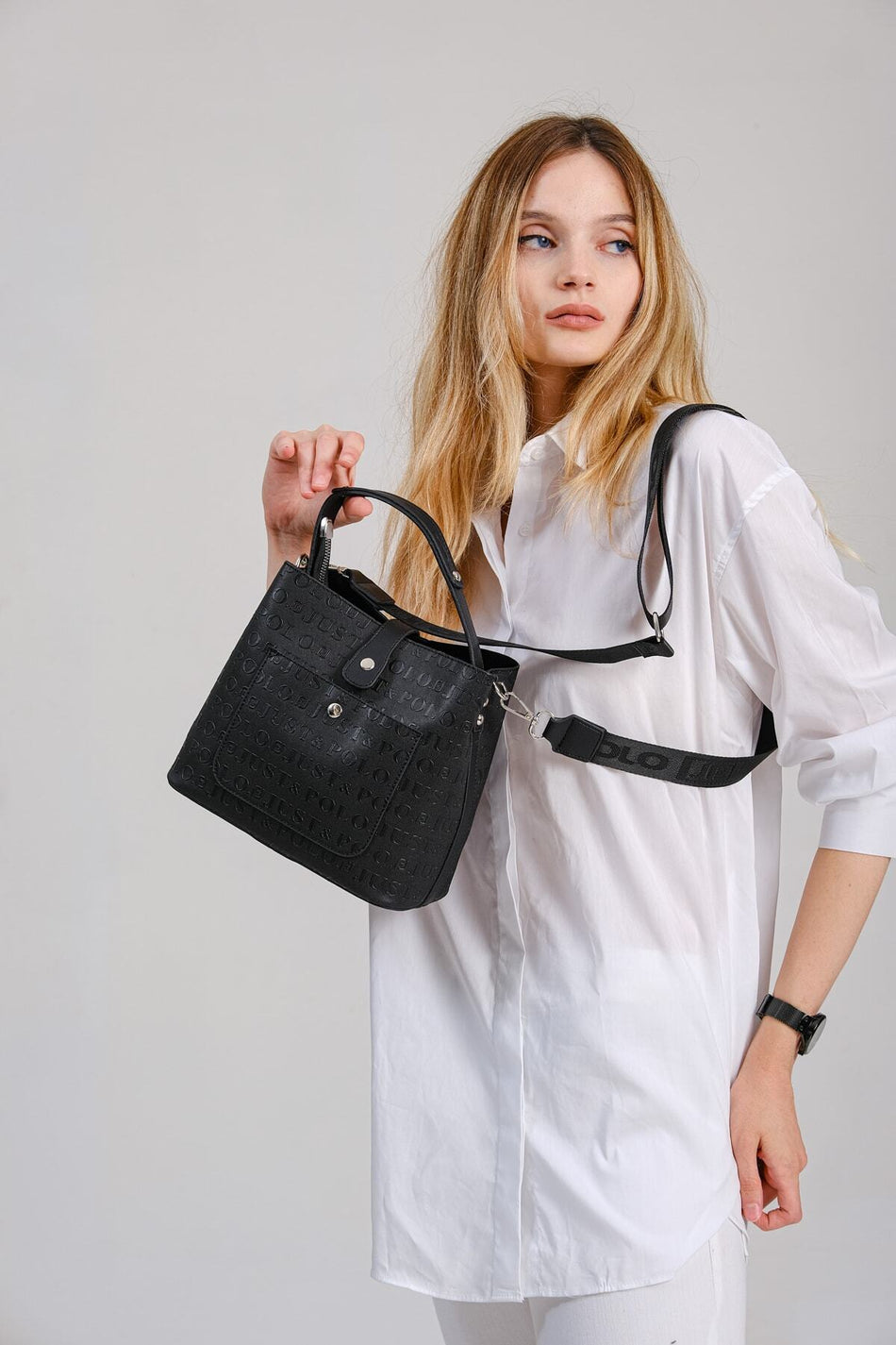 Just Polo Women's Embossed Print Vegan Shoulder and Handbag with Lock Detail JPM4002 Black - MALLTURK