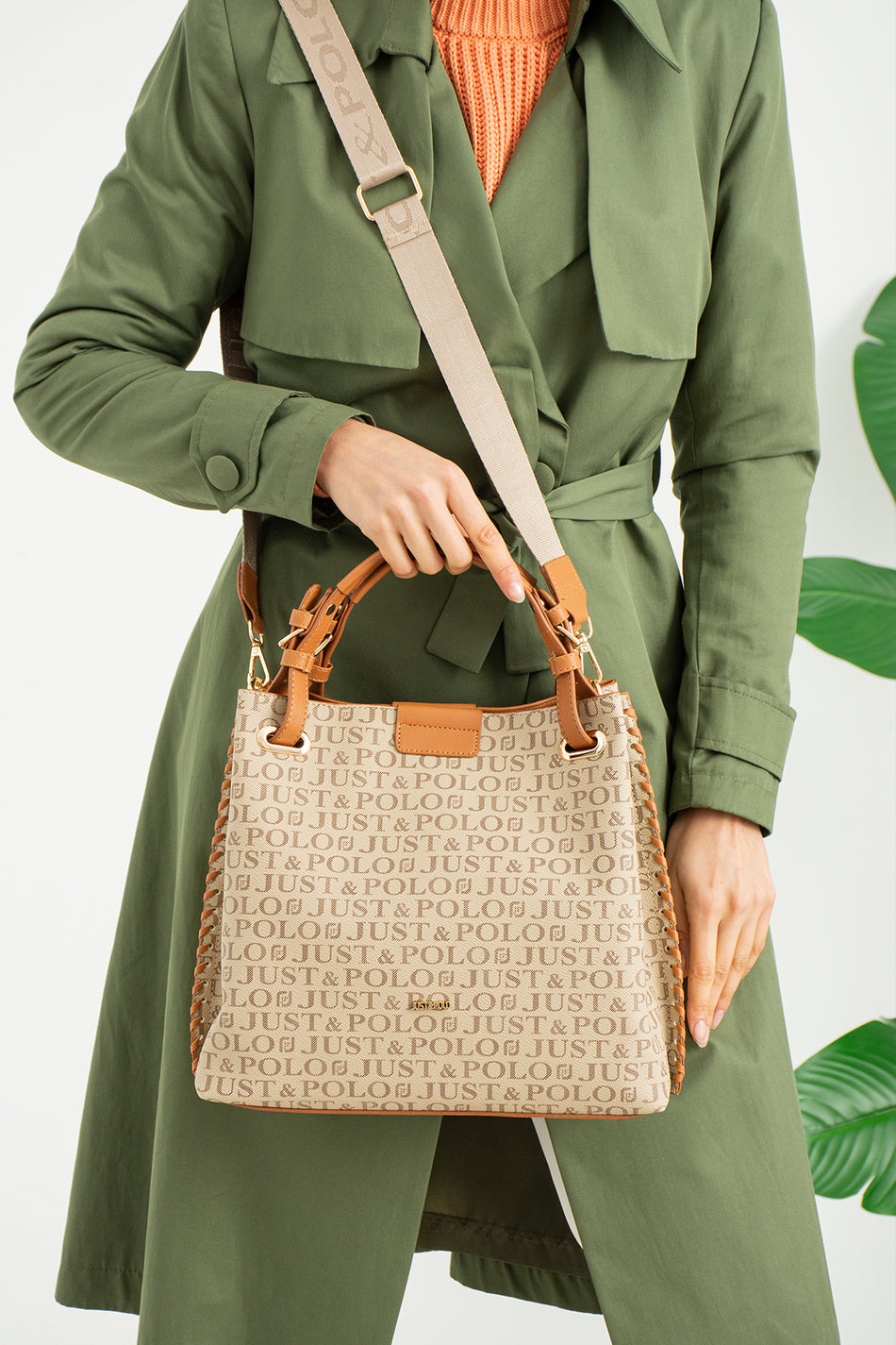 Just Polo Women's Cream and Tan Embossed Pattern Magnetic Snap Closure Handbag with Shoulder Strap
