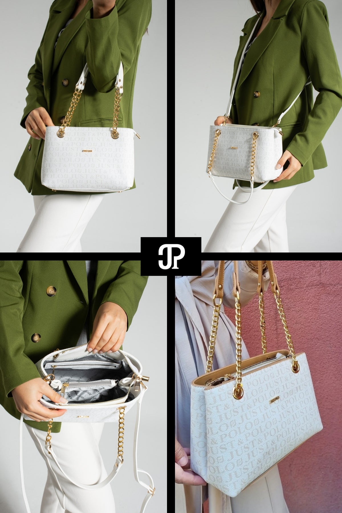 Just Polo Original Women's 3-Compartment Luxury Soft Leather Adjustable Crossbody Bag with Chain Detail Shoulder Bag White Bag - MALLTURK
