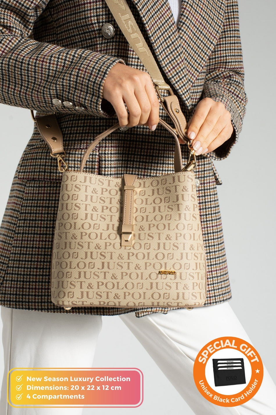 Just Polo Original Women's 4-Compartment Luxury Soft Leather Stylish Handbag and Shoulder Bag with Adjustable Crossbody Strap Beige - MALLTURK