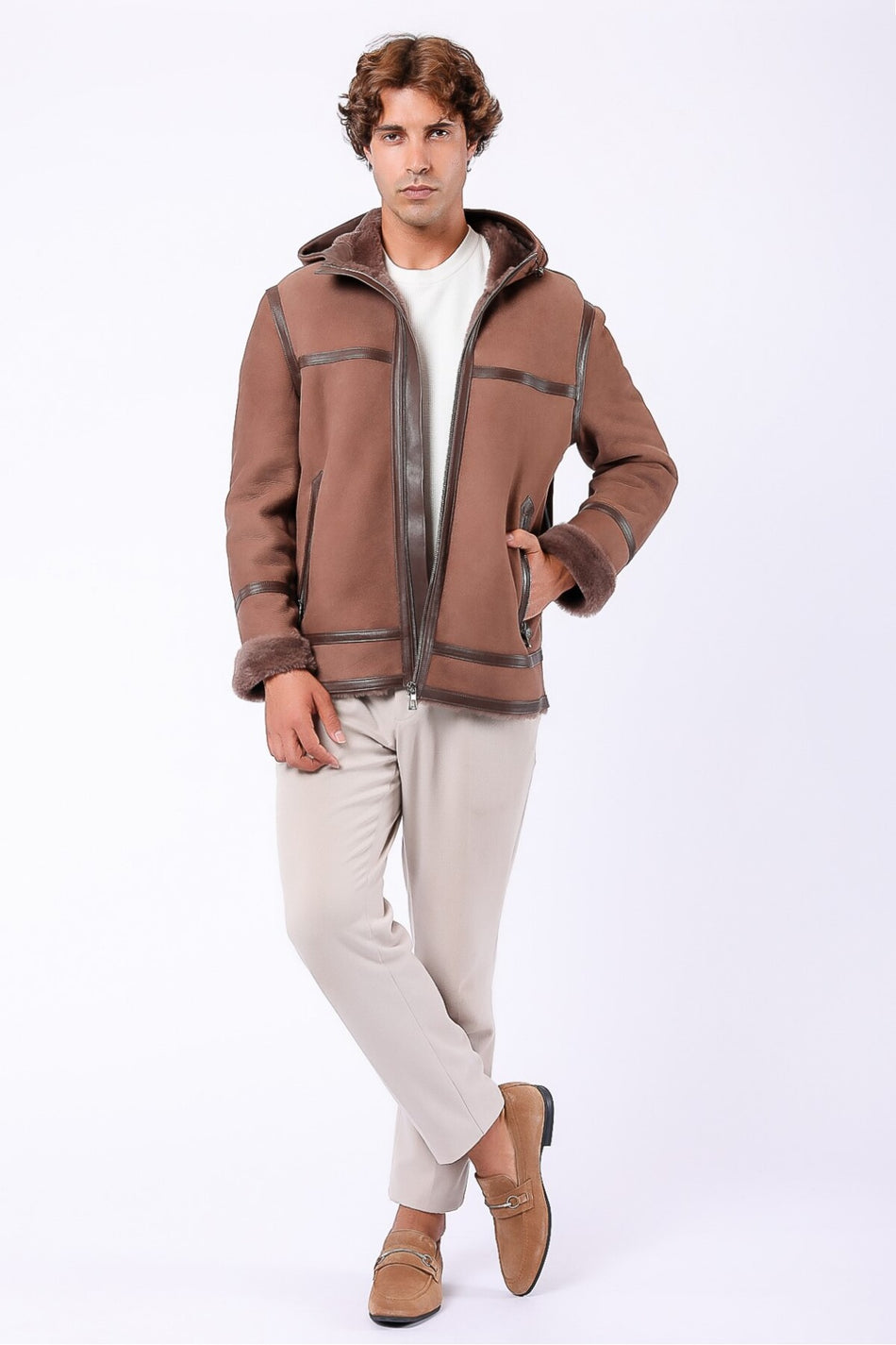 Giacca in vera pelle scamosciata Leather Club con fodera in pelliccia beige