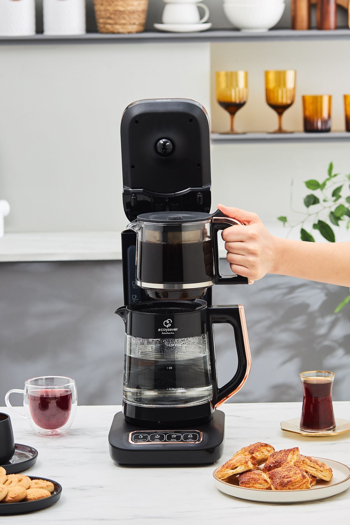Karaca Robotea Pro 4 in 1 Talking Glass Tea Maker Black Copper - MALLTURK