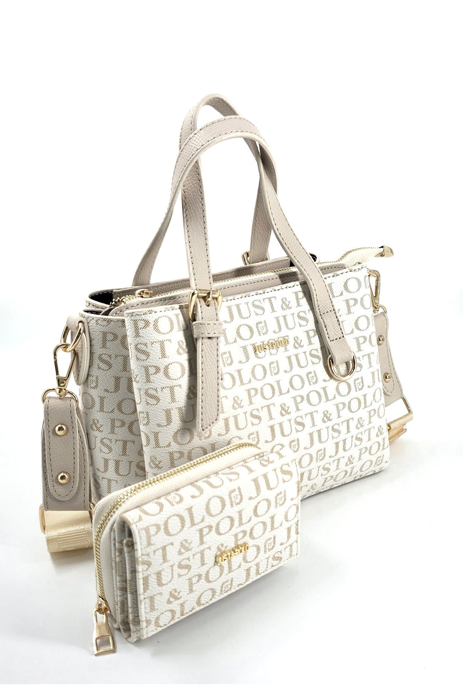 Just Polo Original Women's 3-Compartment Handbag and Shoulder Bag and Wallet Set Cream