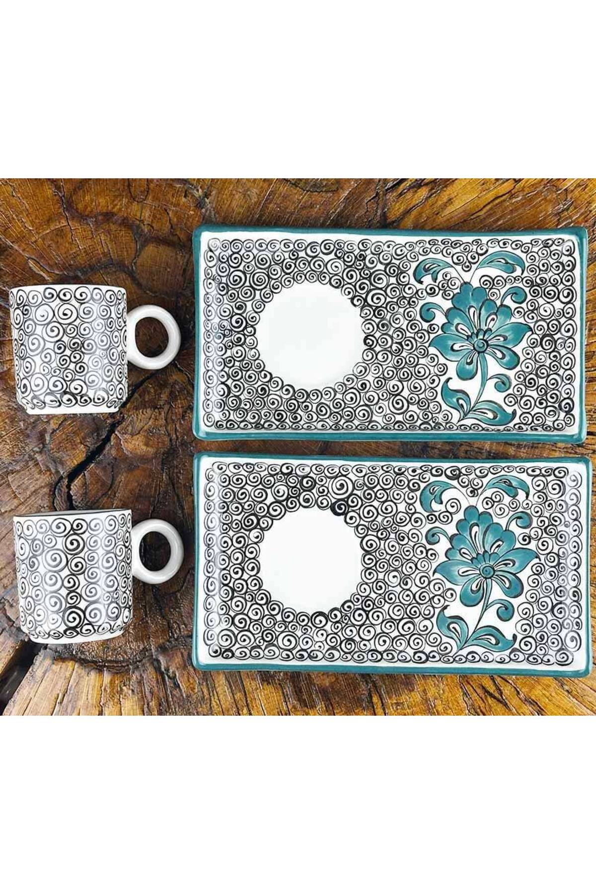 Cini Evi Turquoise Hatayi and Golden Horn Patterned Iznik Tile Coffee Serving Set – Minimal & Artistic - MALLTURK