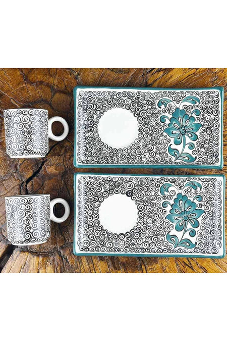 Cini Evi Turquoise Hatayi and Golden Horn Patterned Iznik Tile Coffee Serving Set – Minimal & Artistic - MALLTURK