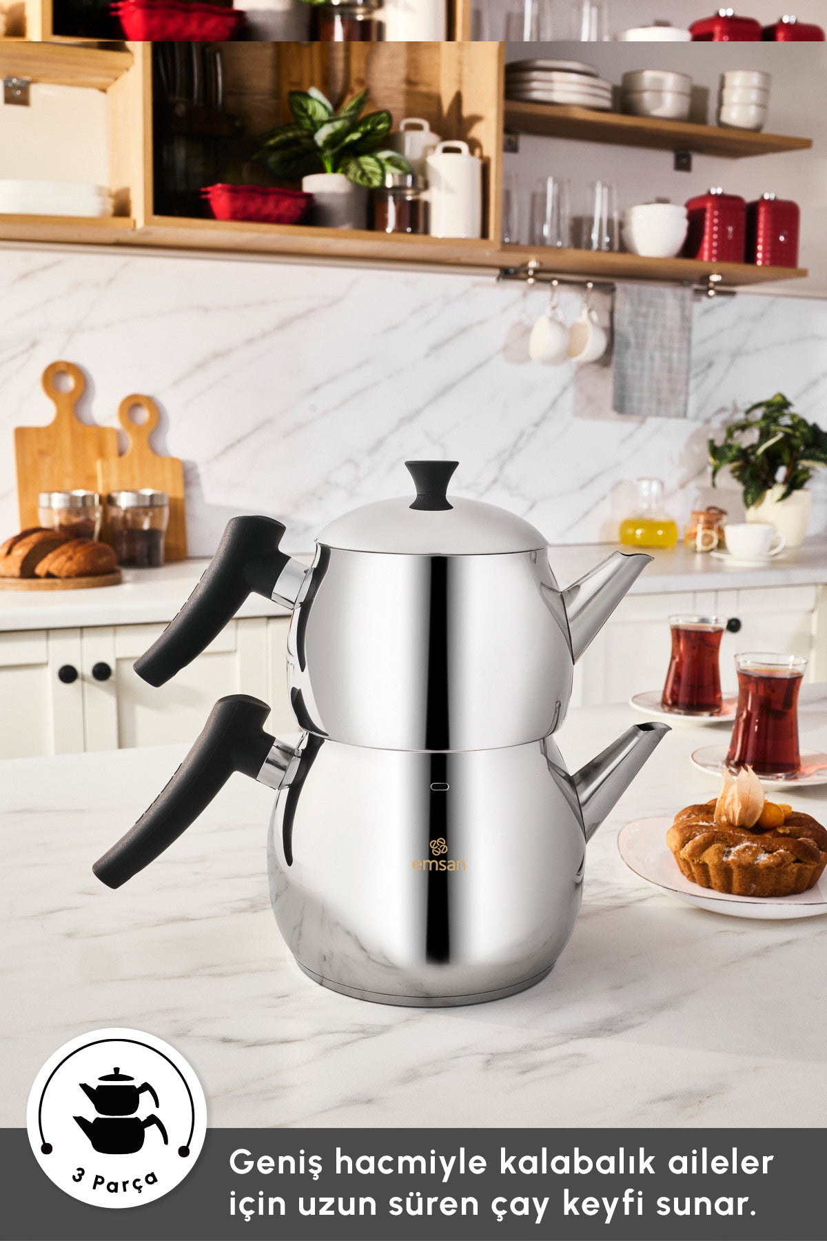 Emsan Alim Stainless Steel Maxi Size Teapot Set Large - MALLTURK