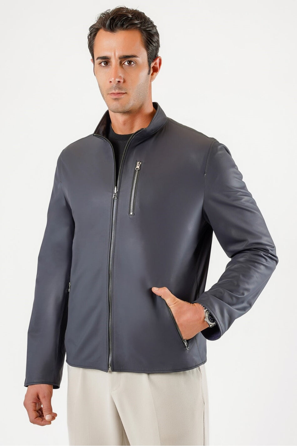 Leather Club omkeerbare marineblauwe jas van echt leer