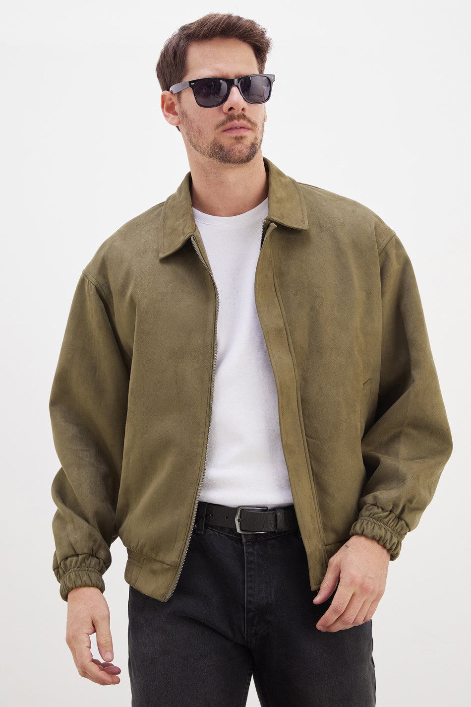 Zippered Polo Neck Suede Bomber Jacket