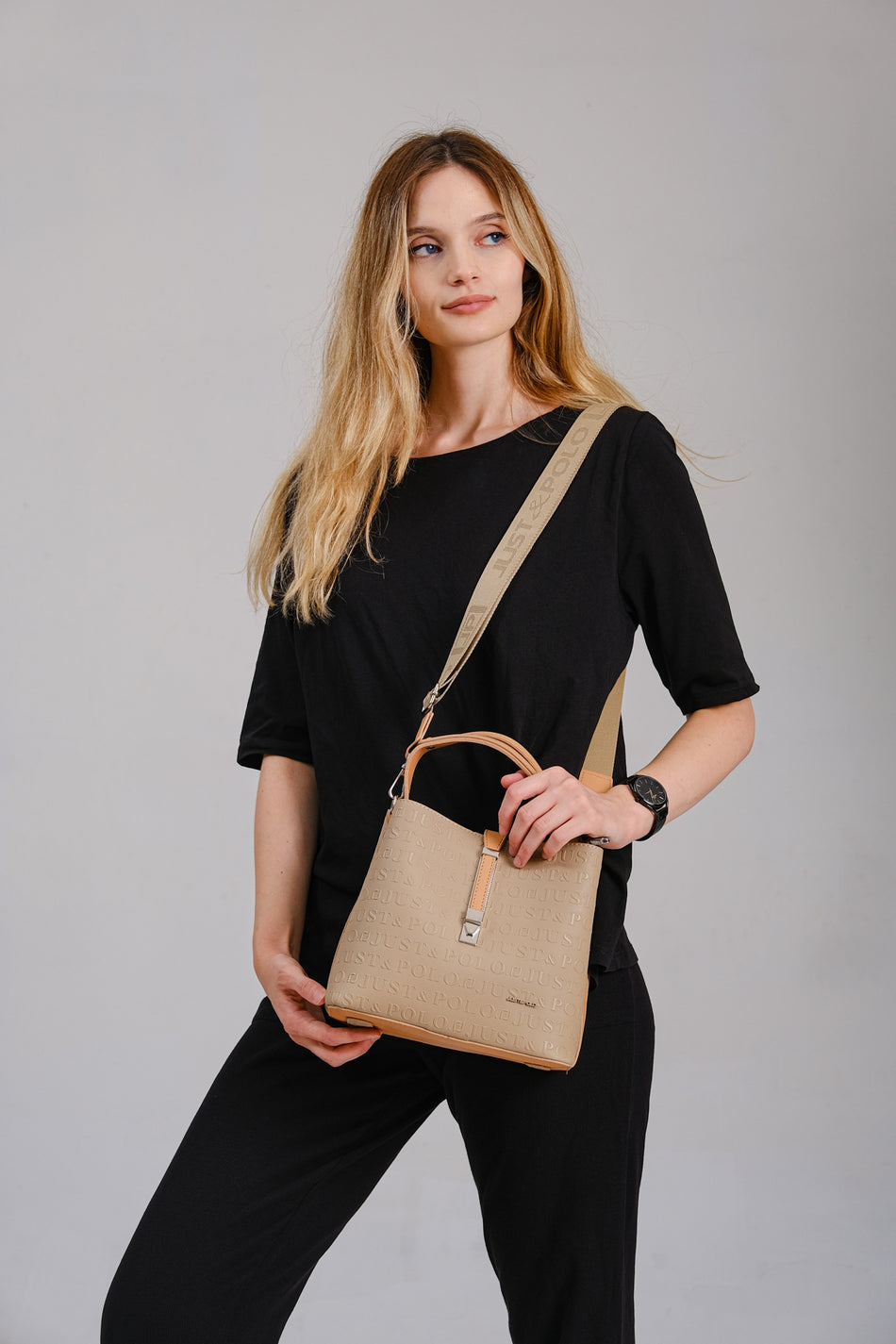 Just Polo Women's Embossed Print Vegan Shoulder and Handbag with Lock Detail JPM4002 KUM - MALLTURK
