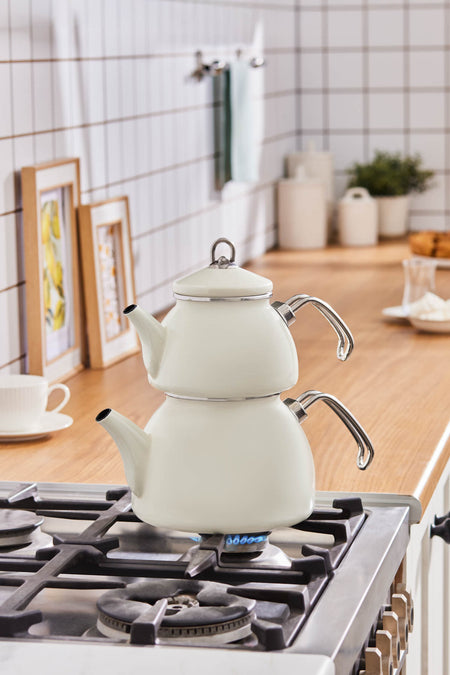Karaca Loreto Enamel Midi Teapot Set, Cream - MALLTURK