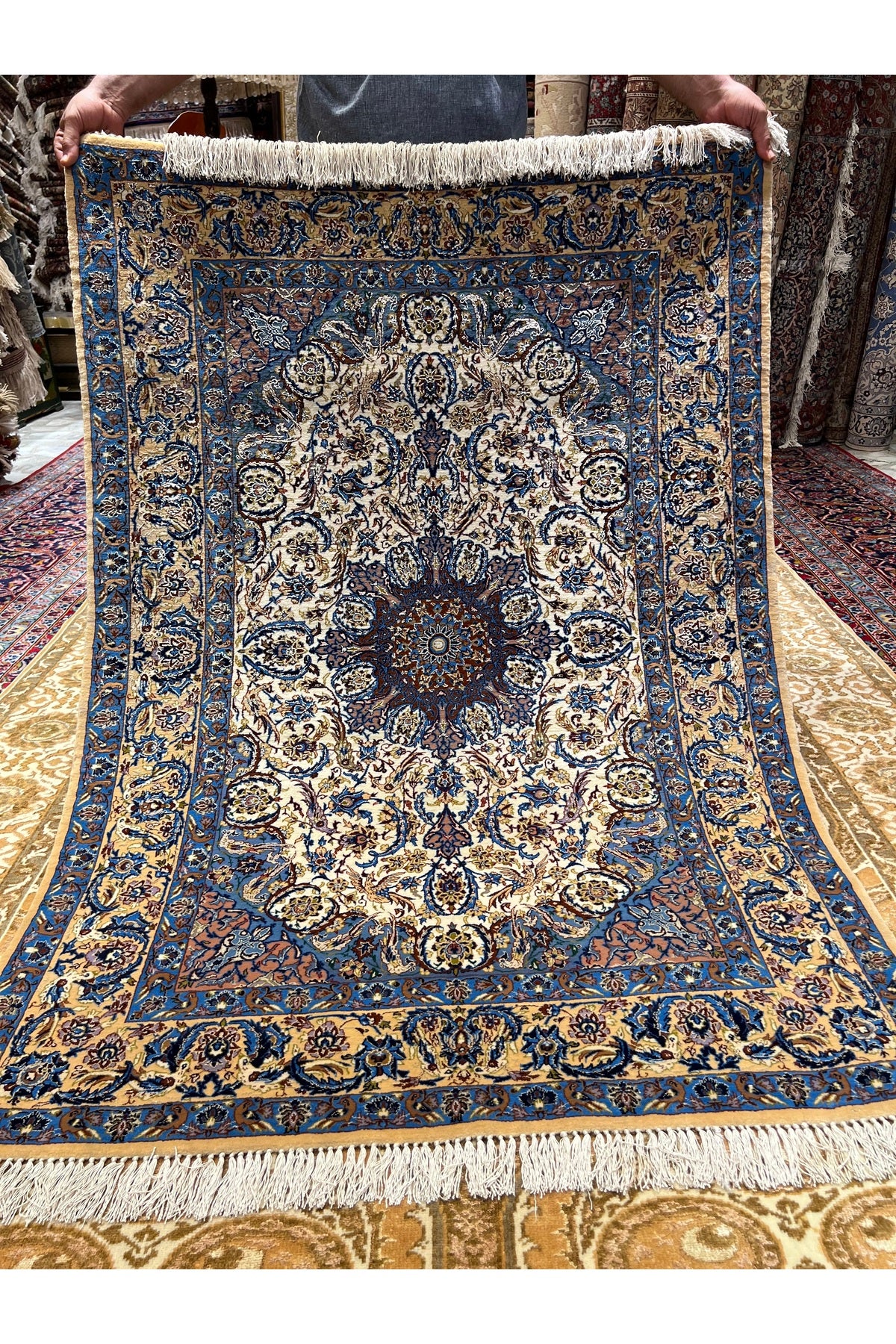 RD RAMAZAN DAG Hand Rug Art Hand-Woven Iranian Silk Blend Isfahan Rug Quality Exceptional Size 160x110 - MALLTURK