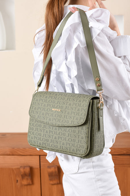 Just Polo Monogram Print Women's Handbag and Shoulder Bag Green - MALLTURK