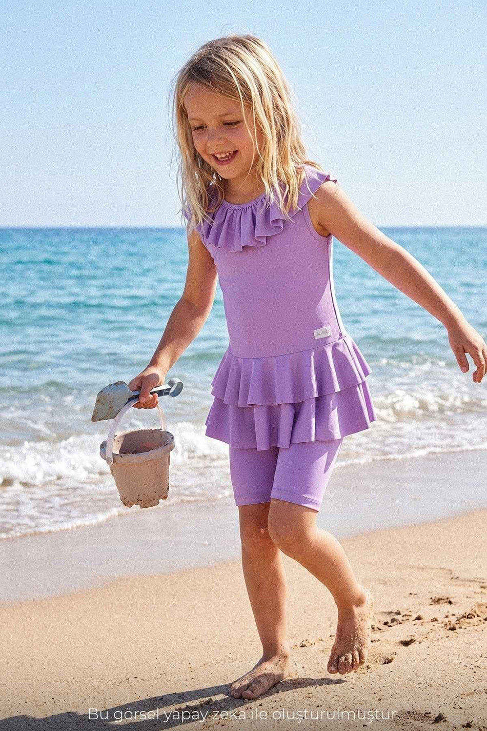 Lilac 3-Piece Girls' Swimsuit Set with Detailed Skirt and Collar 7005