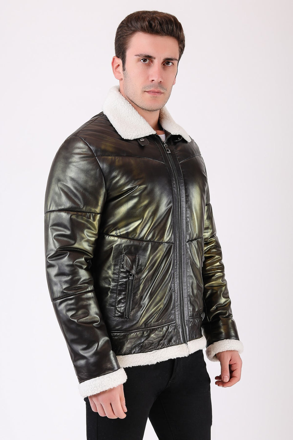 Abrigo de cuero marrón oscuro con ribete de piel Leather Club