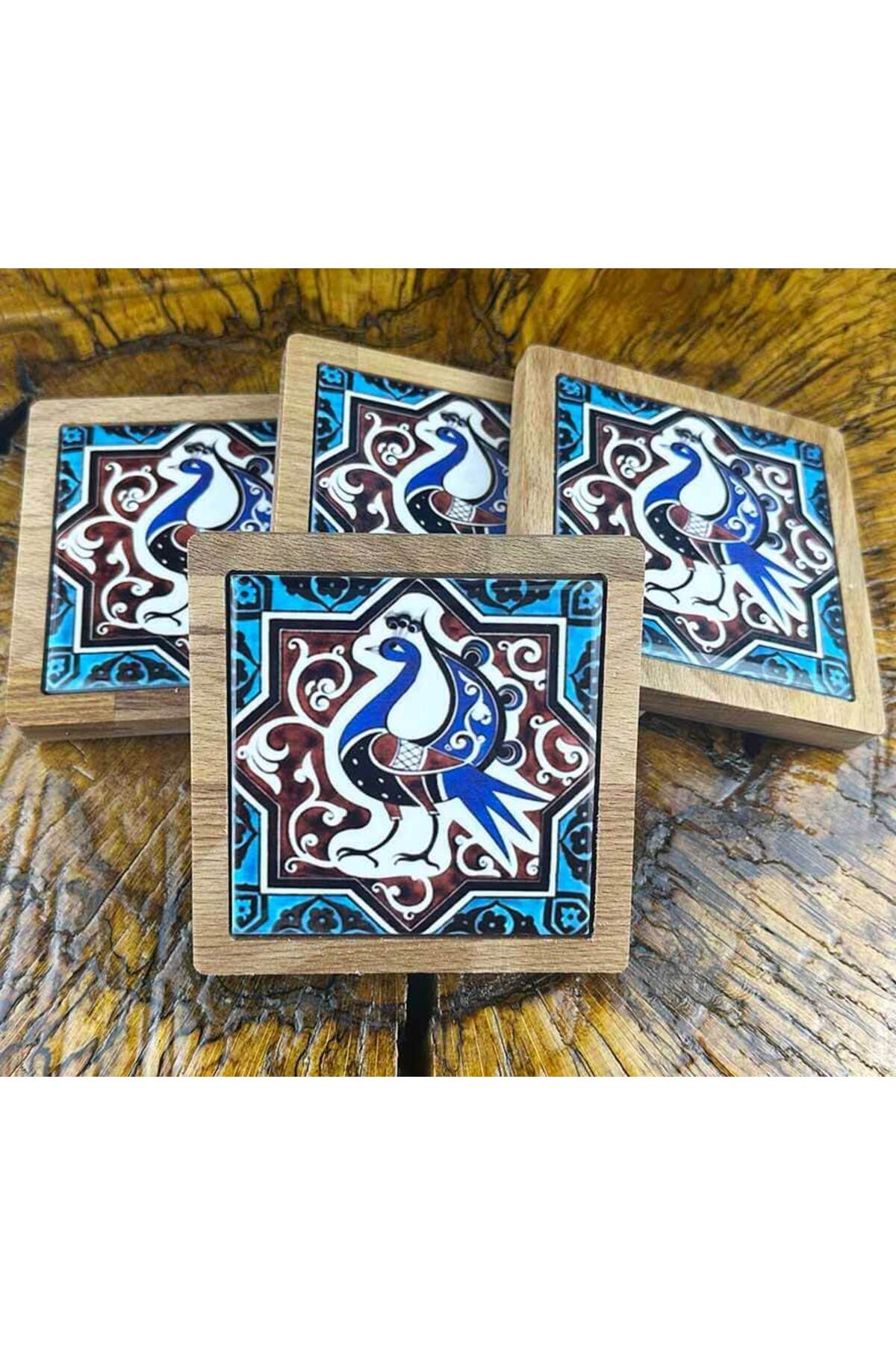 Cini Evi Seljuk Bird Patterned Wooden Coaster Set - MALLTURK