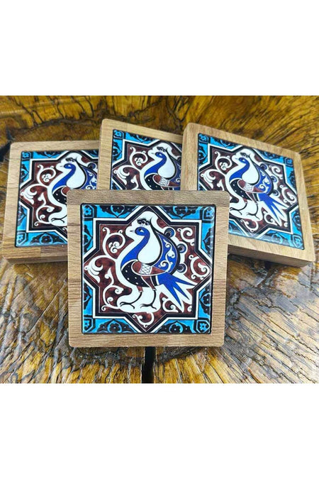 Cini Evi Seljuk Bird Patterned Wooden Coaster Set - MALLTURK