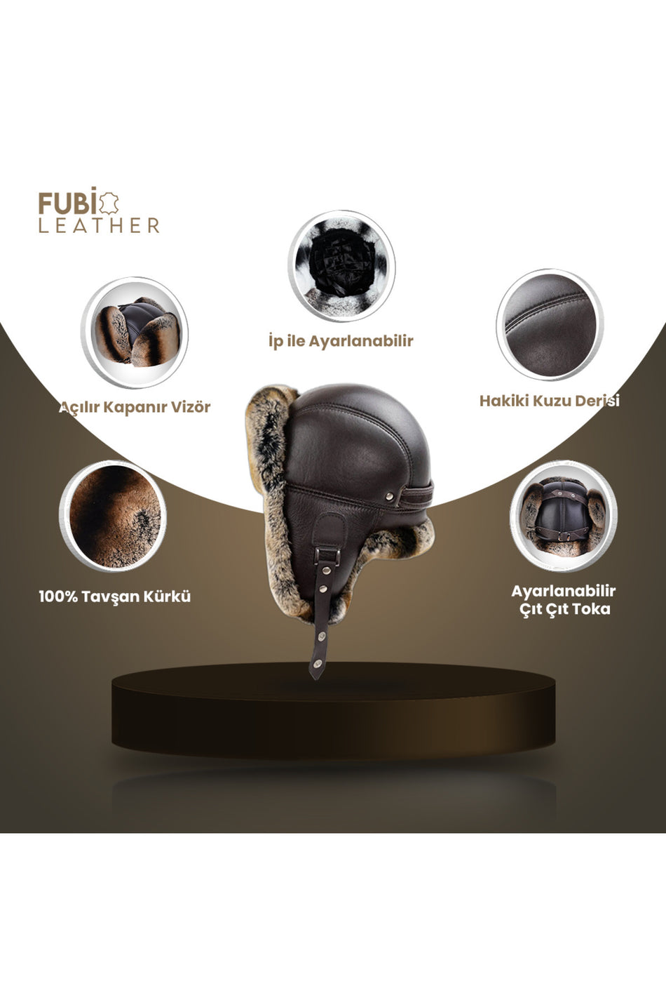 Fubileather Yamtar Coffee Rabbit Fur Ushanka Pilot Leather Hat