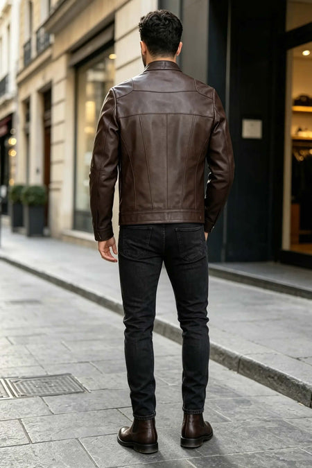 ALIN Bradley Men's Genuine Leather Slim Fit Leather Jacket Brown - MALLTURK