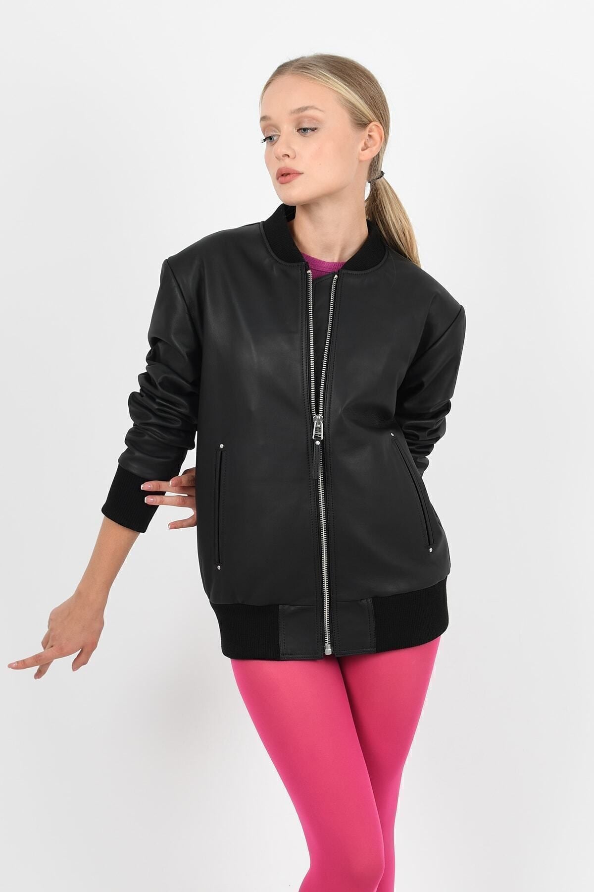 ALIN College Women's Genuine Leather Knitted Leather Jacket Black - MALLTURK