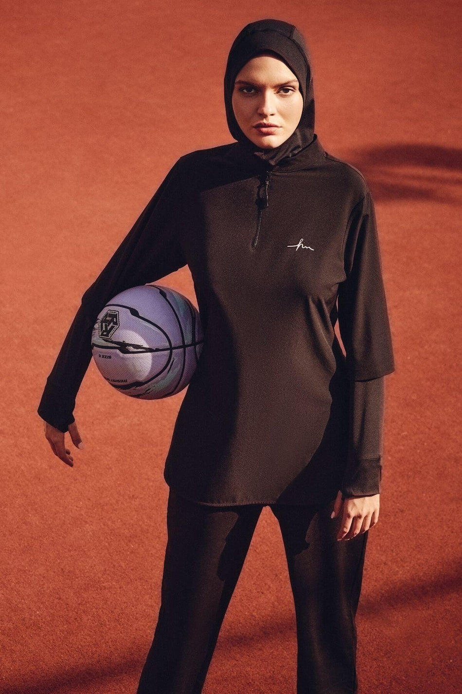 Hasema Active Long-Sleeved, Zip-Collar Black Hijab Training T-Shirt Act-9
