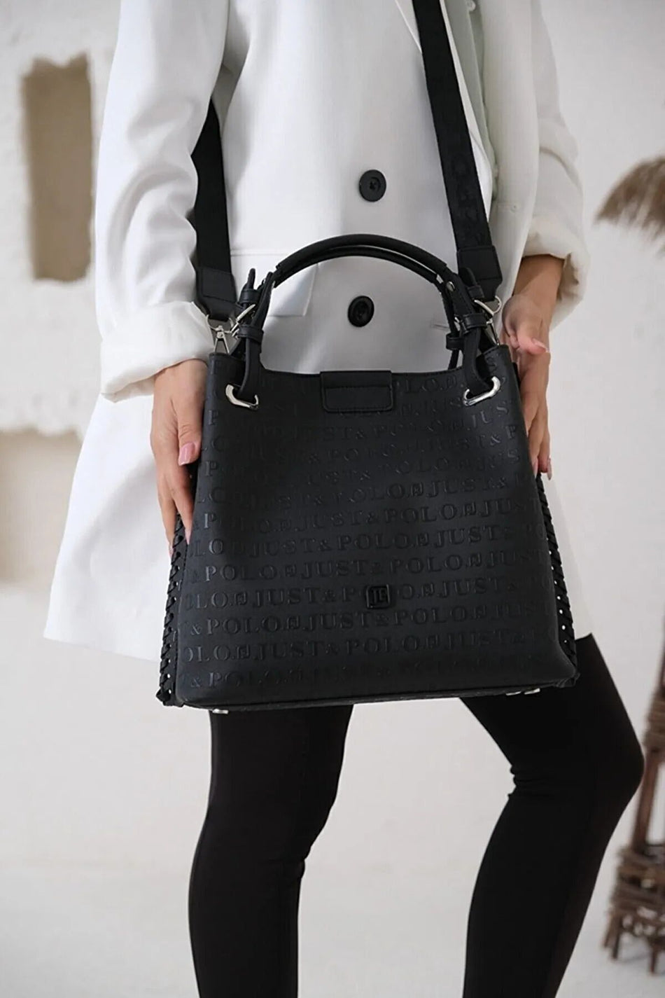 Just Polo Women's Black Embossed Pattern Magnetic Snap Closure Handbag with Shoulder Strap