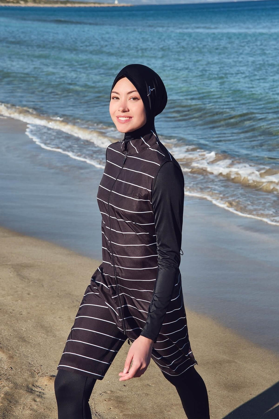 Hasema White Striped Straight Leg Black Vest 4-Piece Modest Swimsuit Set - MALLTURK