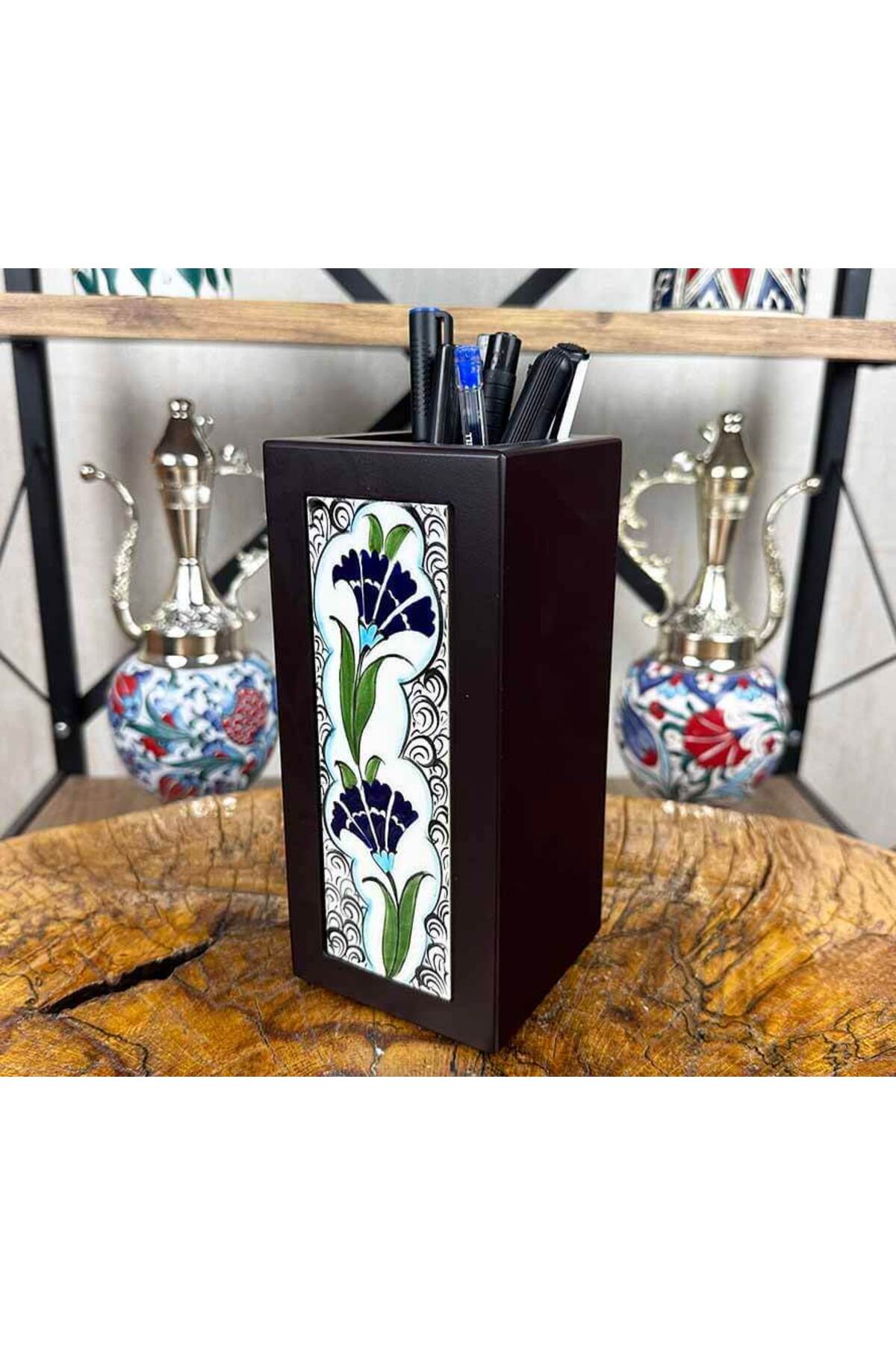 Cini Evi Navy Carnation Elegance Iznik Tile Wooden Pen Holder - MALLTURK