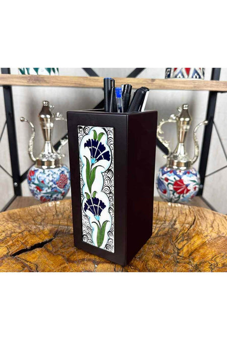Cini Evi Navy Carnation Elegance Iznik Tile Wooden Pen Holder - MALLTURK