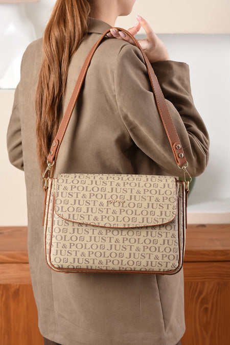 Just Polo Monogram Print Women's Handbag and Shoulder Bag Navy Blue Casual Bag - MALLTURK