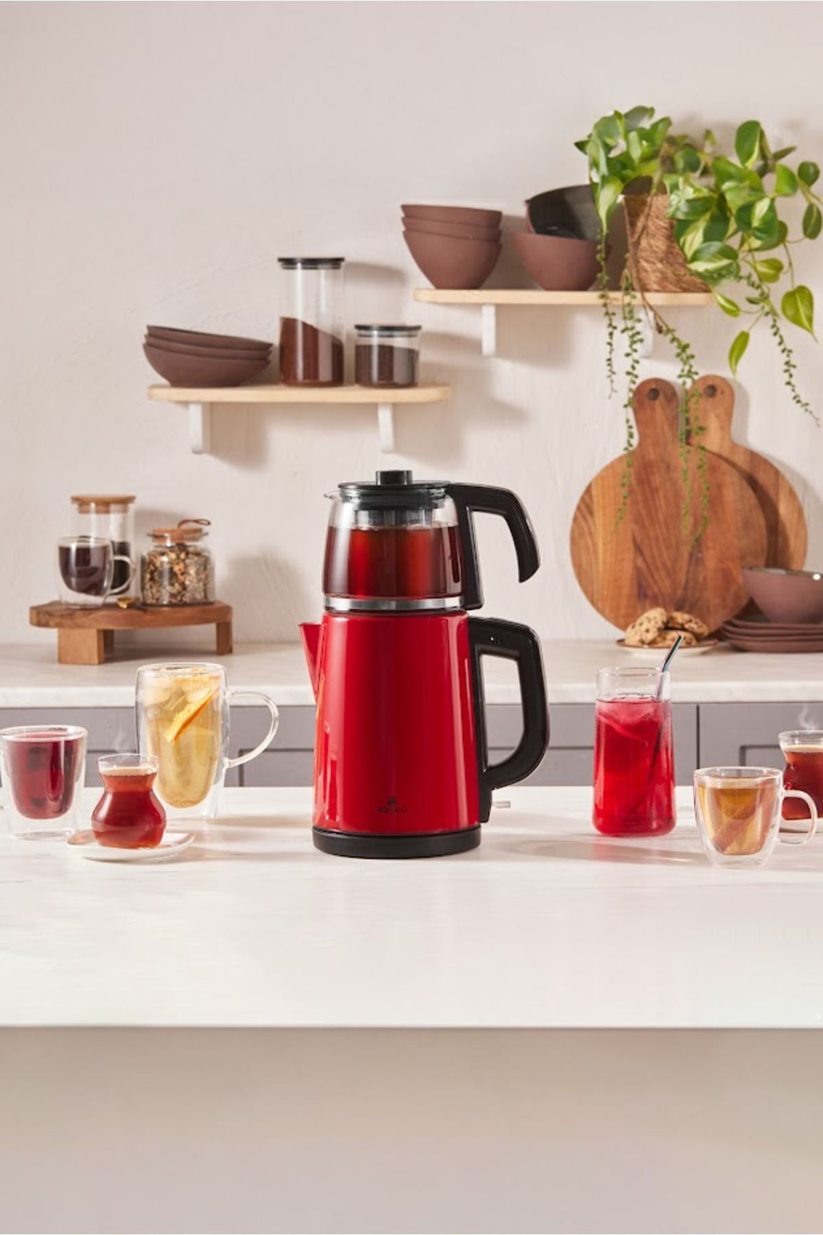 Karaca Tea Glass 2-in-1 Stainless Steel Tea Maker and Kettle, Red - MALLTURK