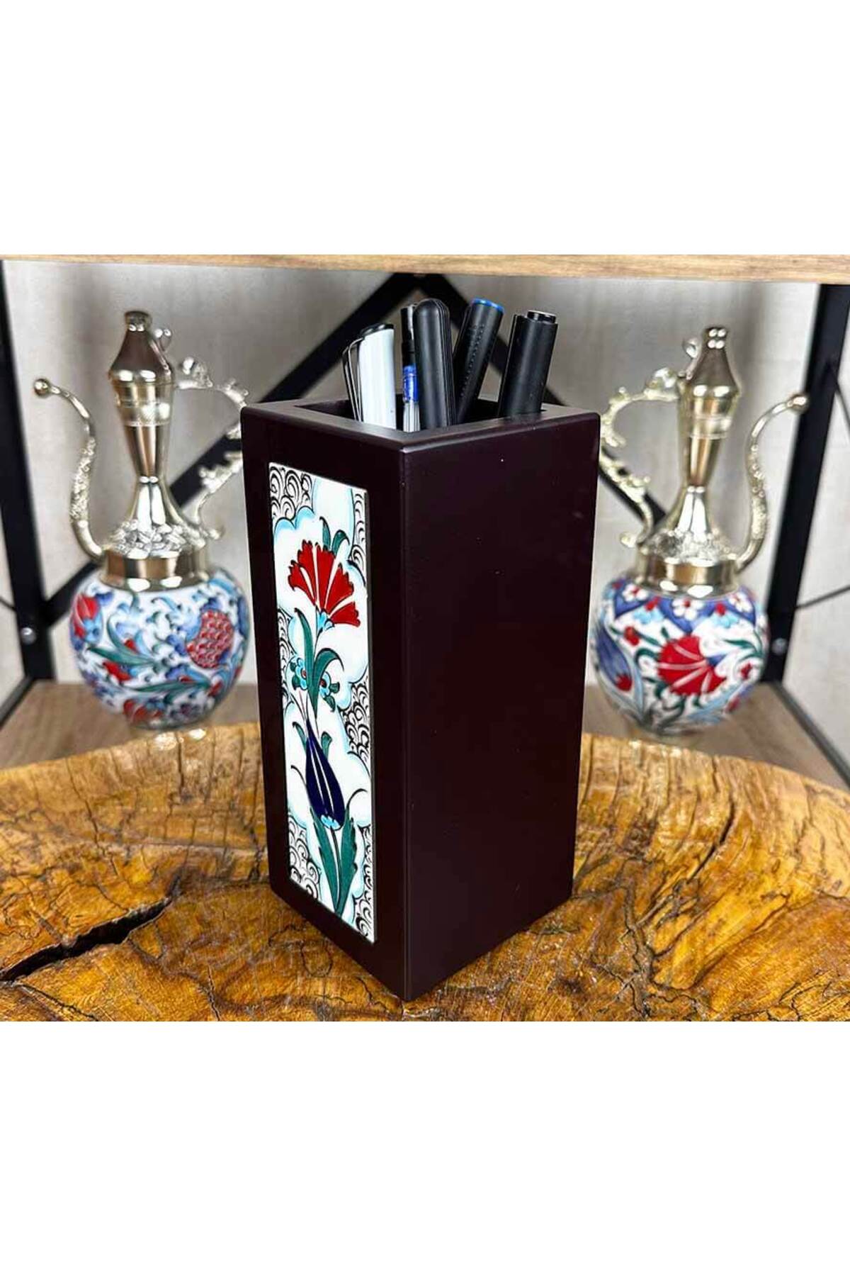 Cini Evi Carnation and Tulip Elegance Iznik Tile Wooden Pen Holder - MALLTURK