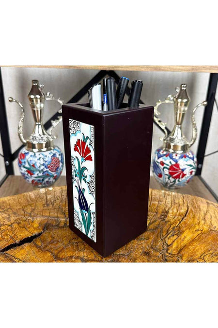 Cini Evi Carnation and Tulip Elegance Iznik Tile Wooden Pen Holder - MALLTURK