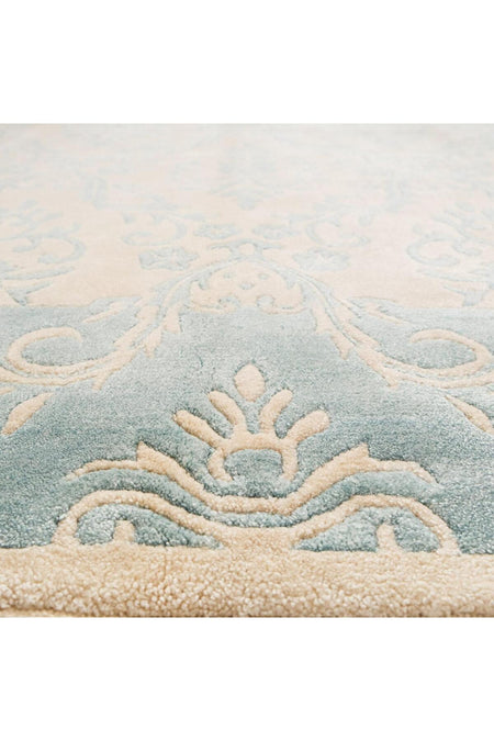 Halicizade Fiber Series Damask Pattern Handwoven Carpet - Fiber Beige Blue Border - MALLTURK