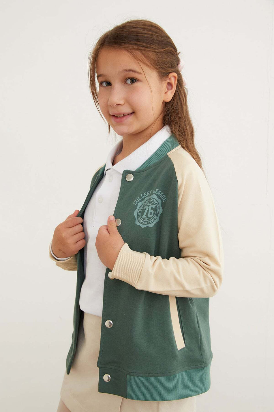 Printed Stand Collar Girl's College Jacket