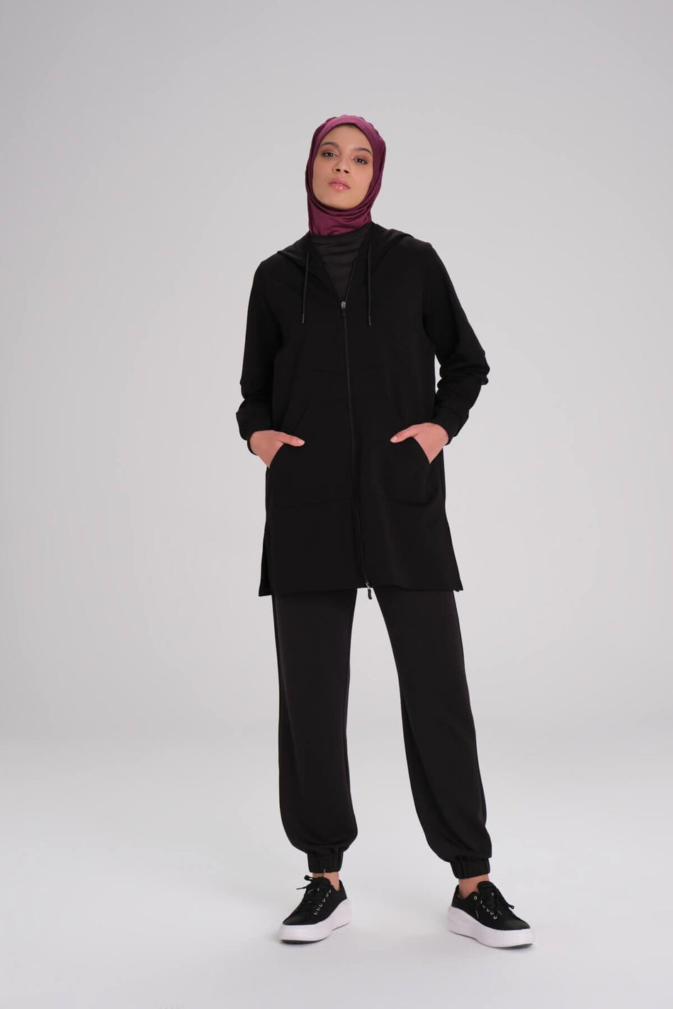 Hasema Soft Textured Hooded Zippered Black Basic Casual Sweatshirt ACT-15