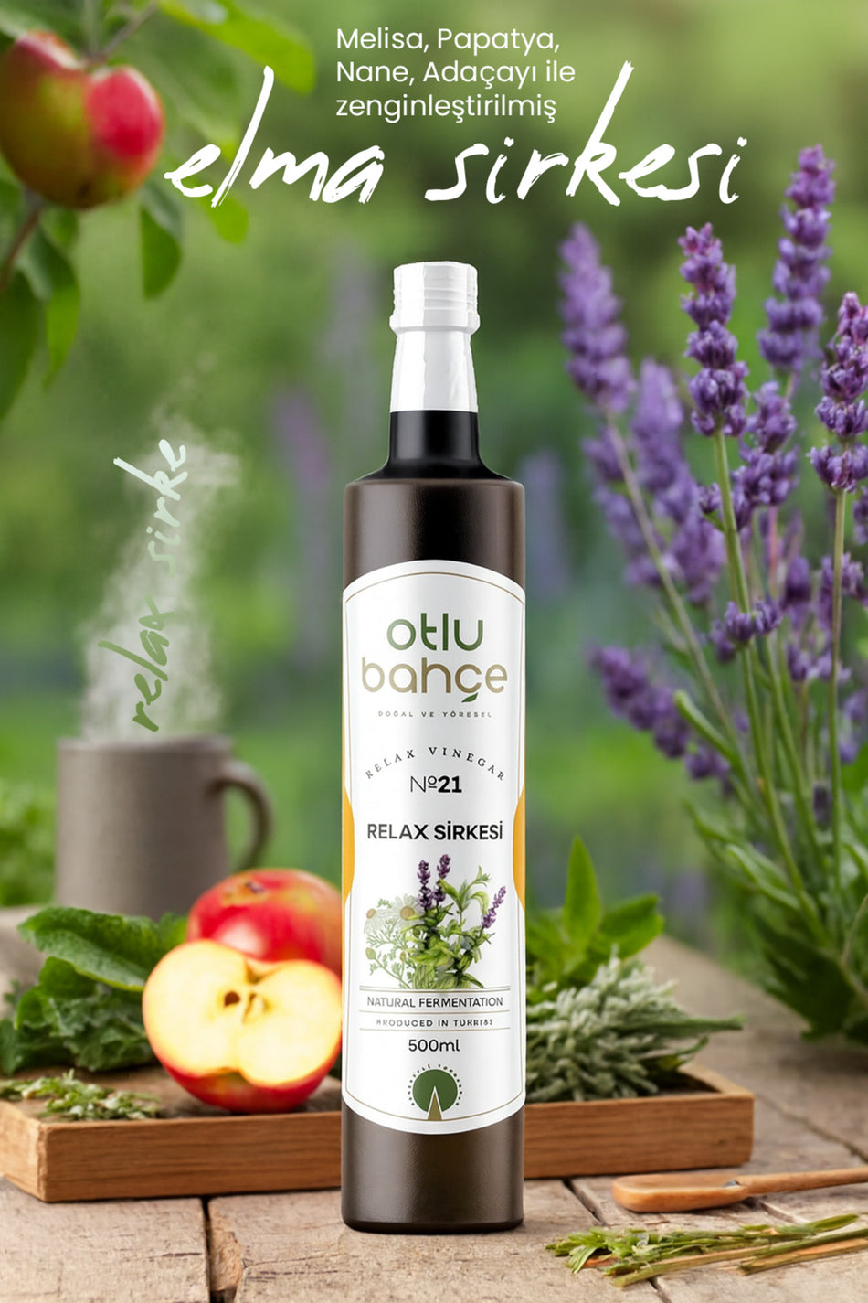 Herbal Garden Relax Vinegar, a blend of Melissa, Chamomile, Sage, Mint, and Apple Beetroot Vinegar, 500ml.
