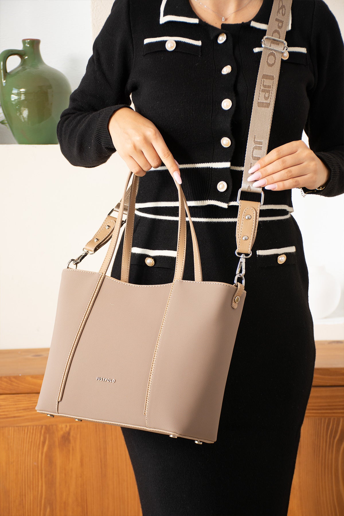 Just Polo Women's Hand and Shoulder Bag, New Season, Dimensions: Height: 24 cm, Width: 33 cm Beige - MALLTURK
