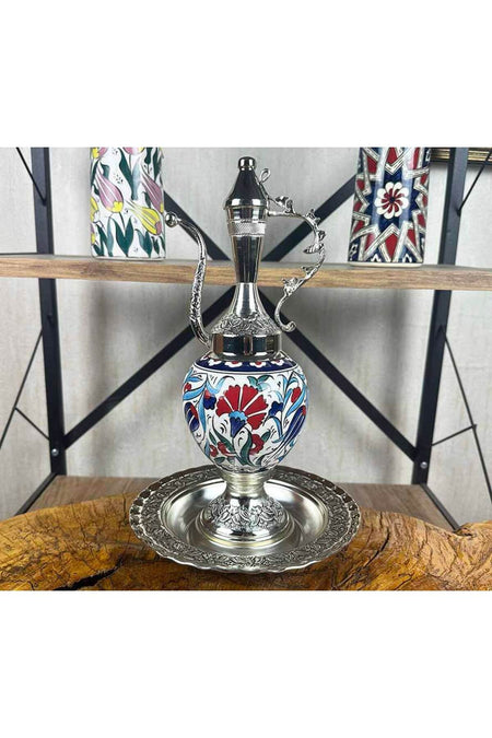 Cini Evi Red Carnation Patterned Silver-Plated Iznik Tile Ewer Set - MALLTURK