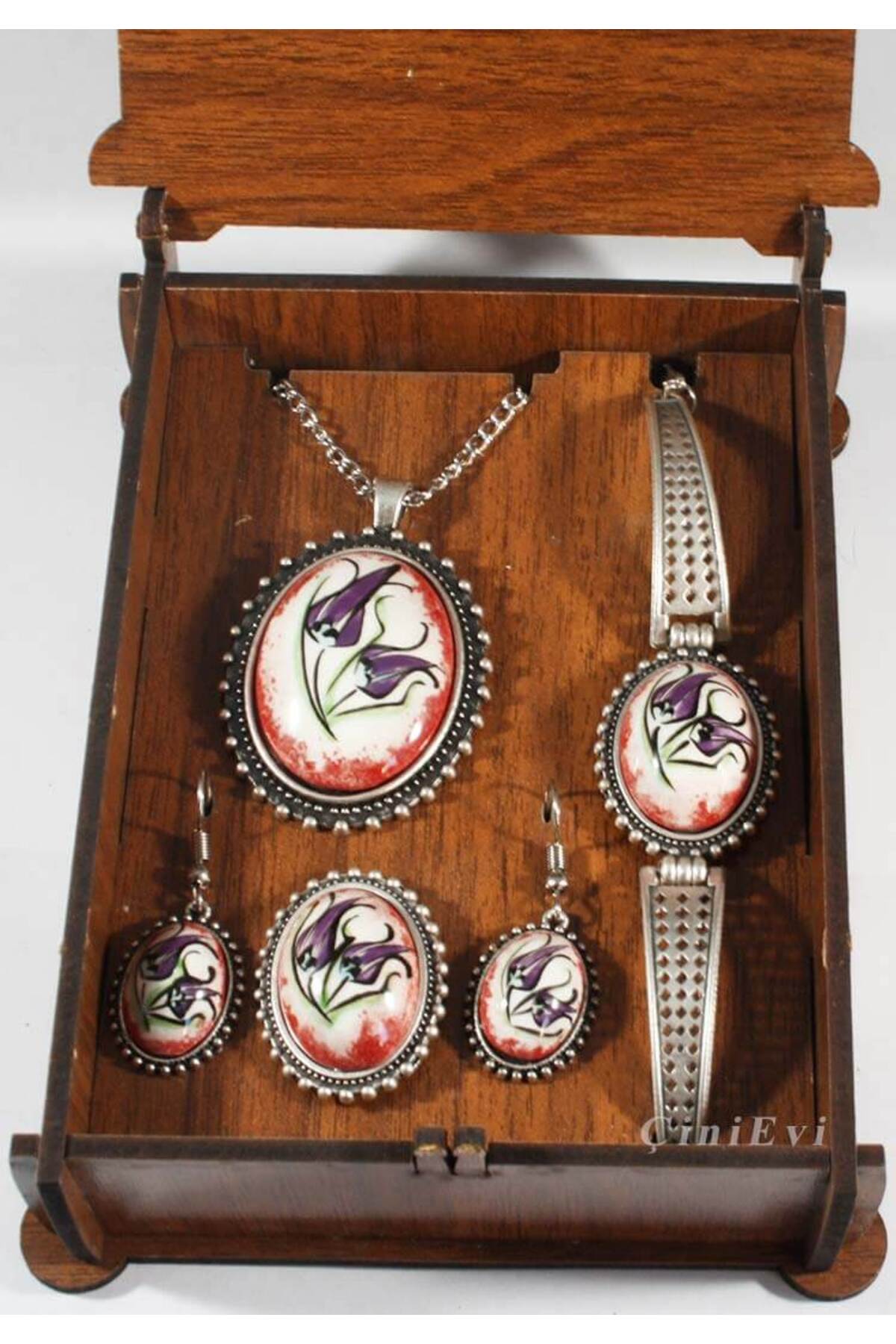 Cini Evi Purple Tulip Iznik Tile Jewelry Set - MALLTURK