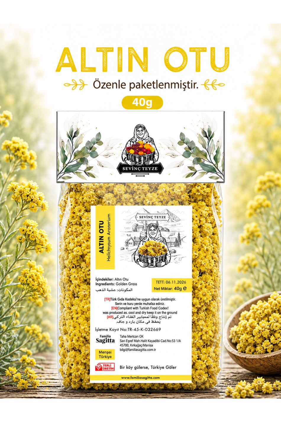 Vara-de-ouro, perpétua-amarela e sempre-viva-amarela biológicas da Tia Sevinc, Helichrysum arenarium, 40g