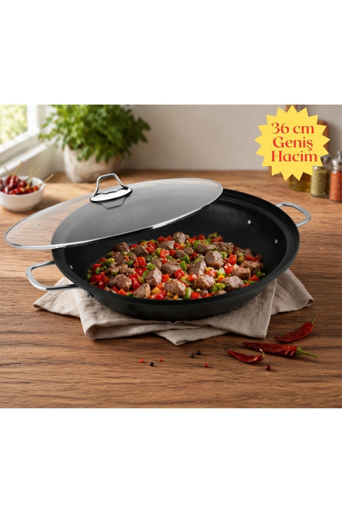 Lines Cam with Lid Granite Cast Kavurma Tenceresi Nonstick Yuzey, Derin Genis Hacim, Esit Isi Dagilimi, Dayanikli & Uzun Omurlu