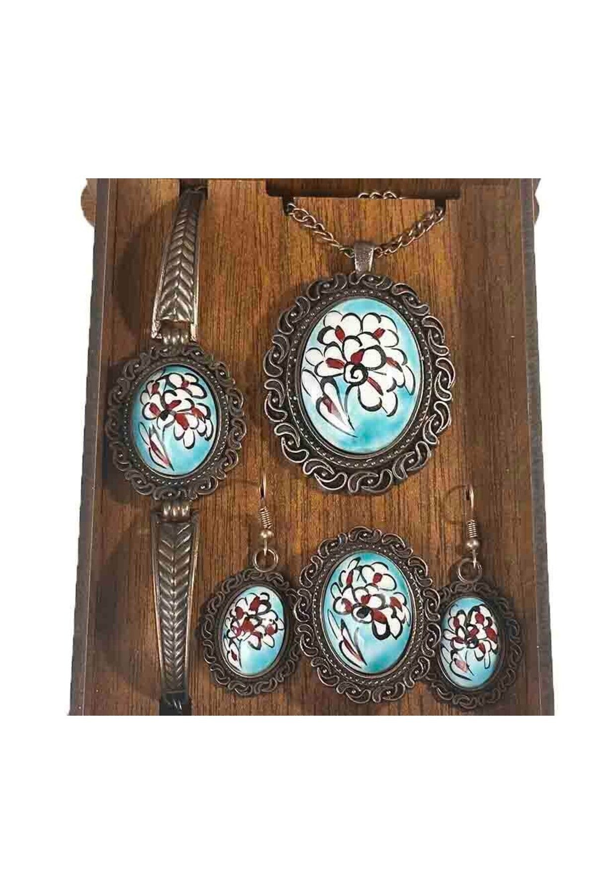 Cini Evi Turquoise Background Lotus Patterned Iznik Tile Jewelry Set - MALLTURK