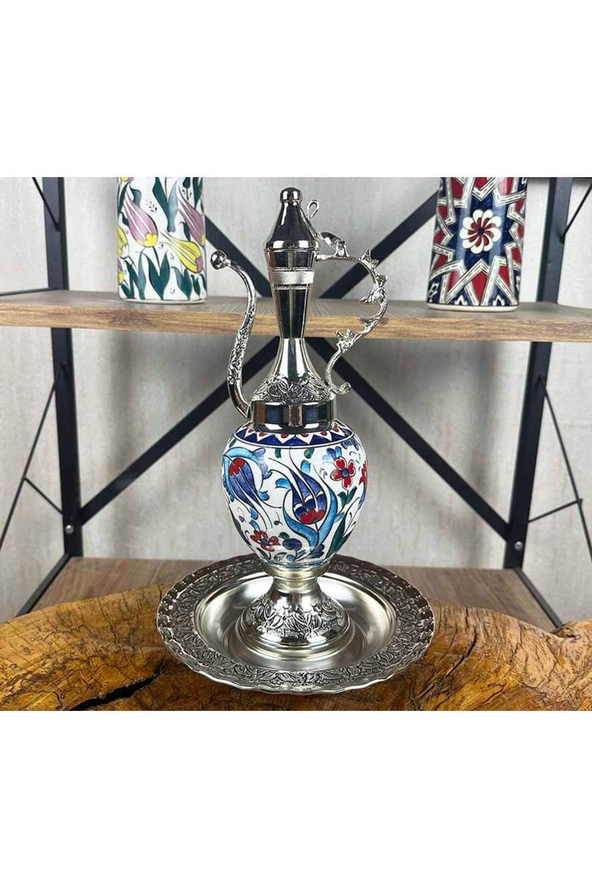 Cini Evi Blue Tulip Patterned Silver-Plated Iznik Tile Ewer Set - MALLTURK