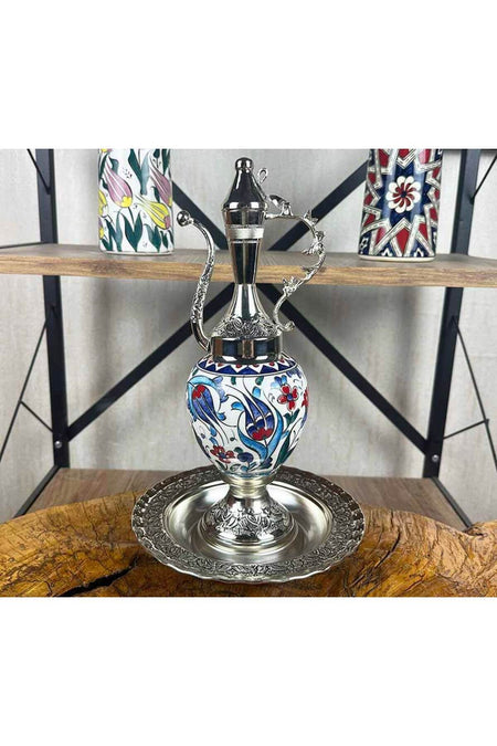 Cini Evi Blue Tulip Patterned Silver-Plated Iznik Tile Ewer Set - MALLTURK