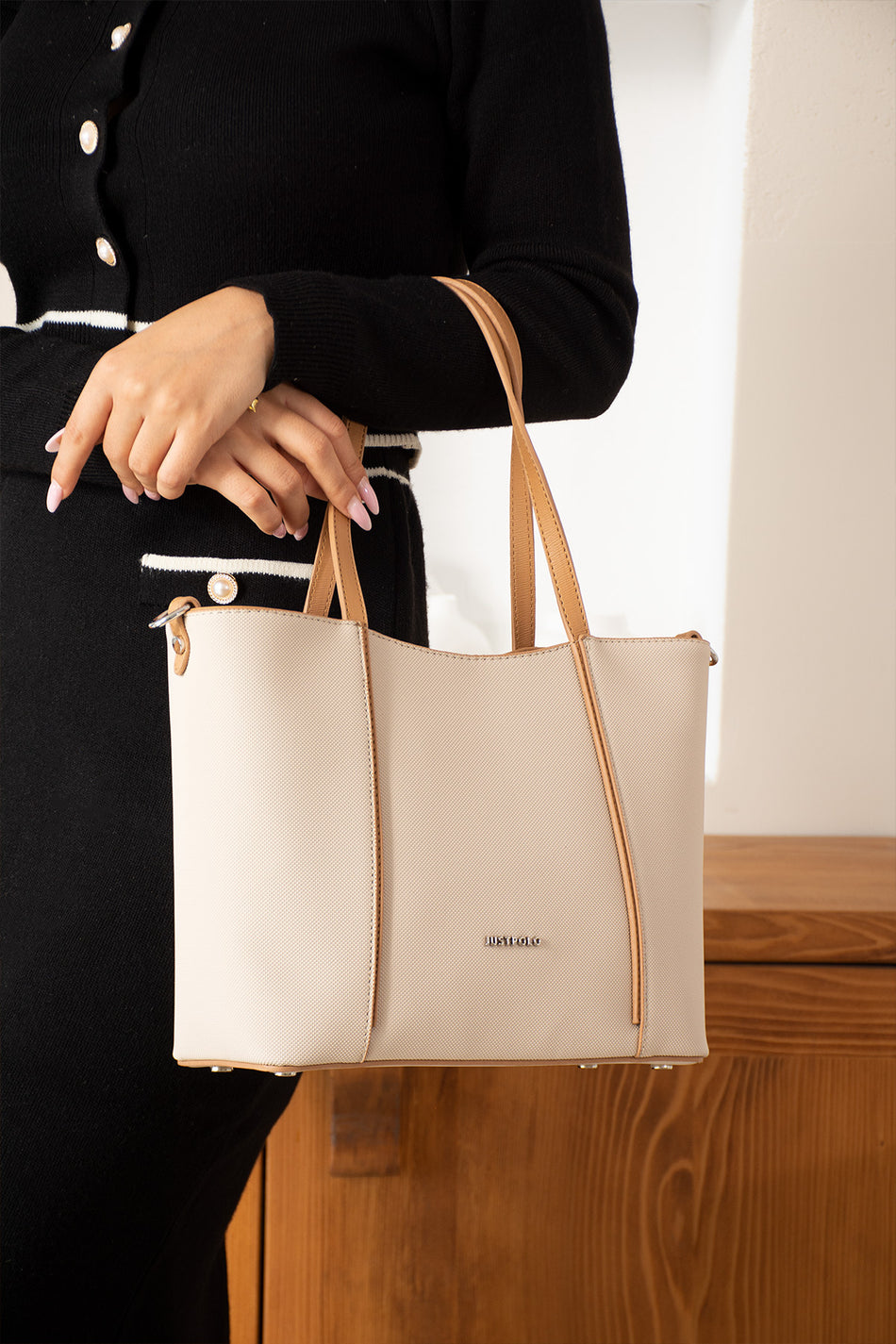 Just Polo Women's Hand and Shoulder Bag, New Season, Dimensions: Height: 24 cm, Width: 33 cm Cream Camel - MALLTURK