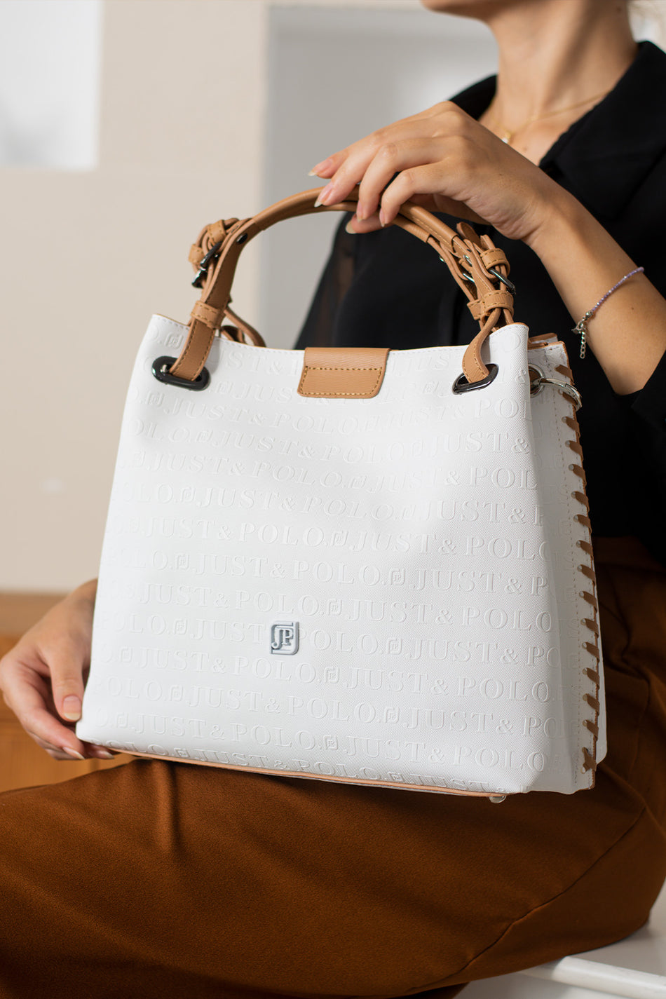 Just Polo White & Tan Women's Embossed Pattern Magnetic Snap Closure Handbag with Shoulder Strap