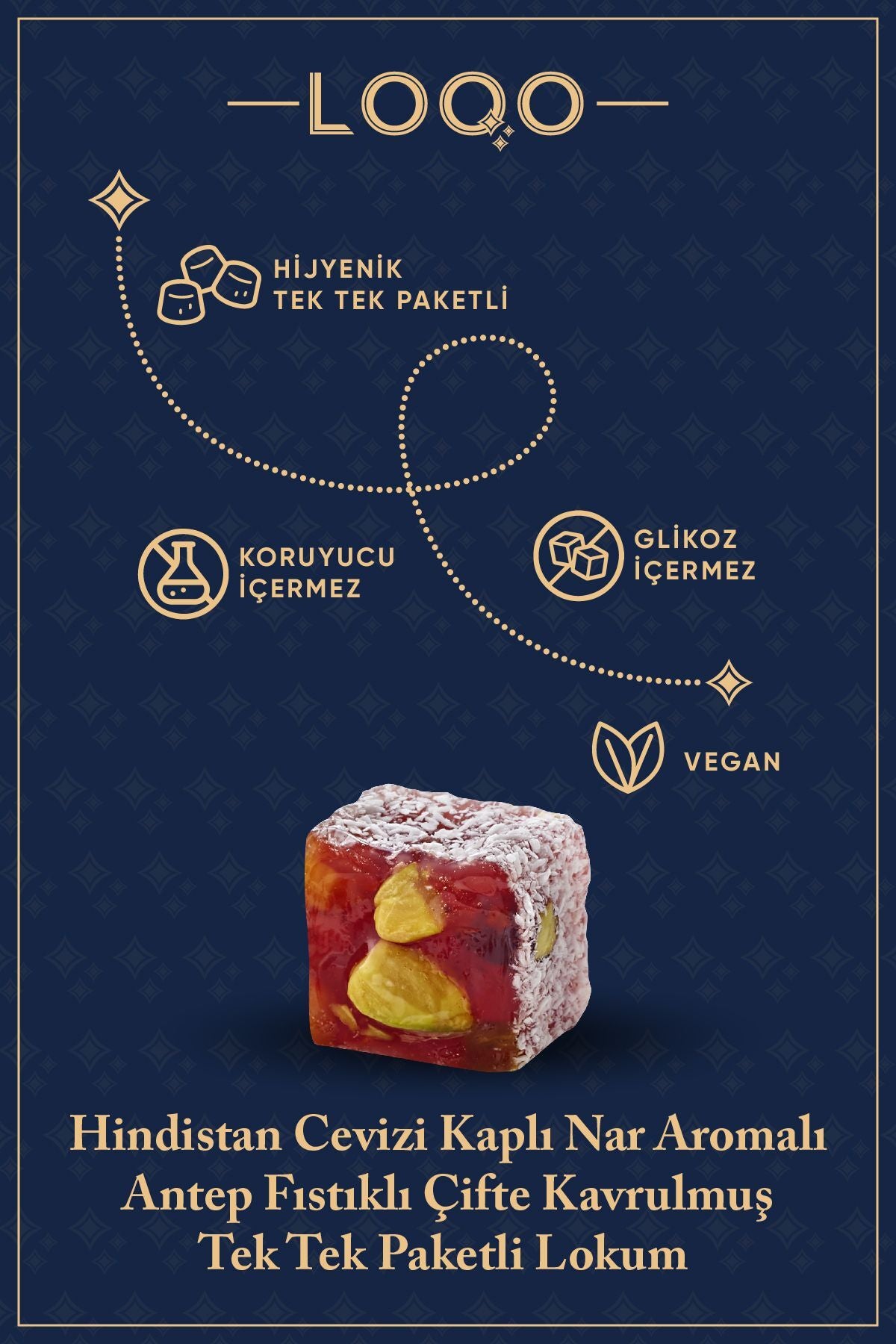LOQO Pomegranate Flavored Flavored Pistachio Double Roasted Turkish Delight 500 g tek tek paketli 1015 - MALLTURK