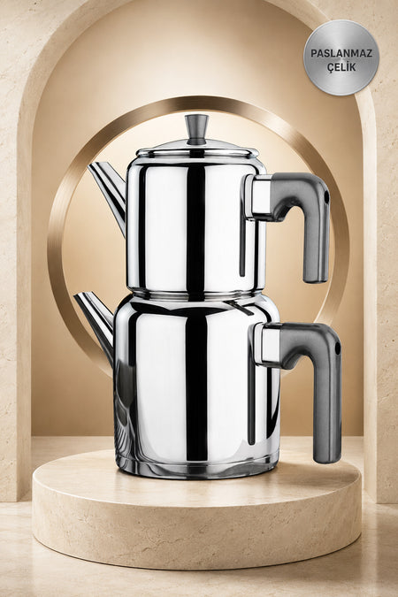 Aryildiz Roma Soft Black Large Stainless Steel Teapot Set - MALLTURK