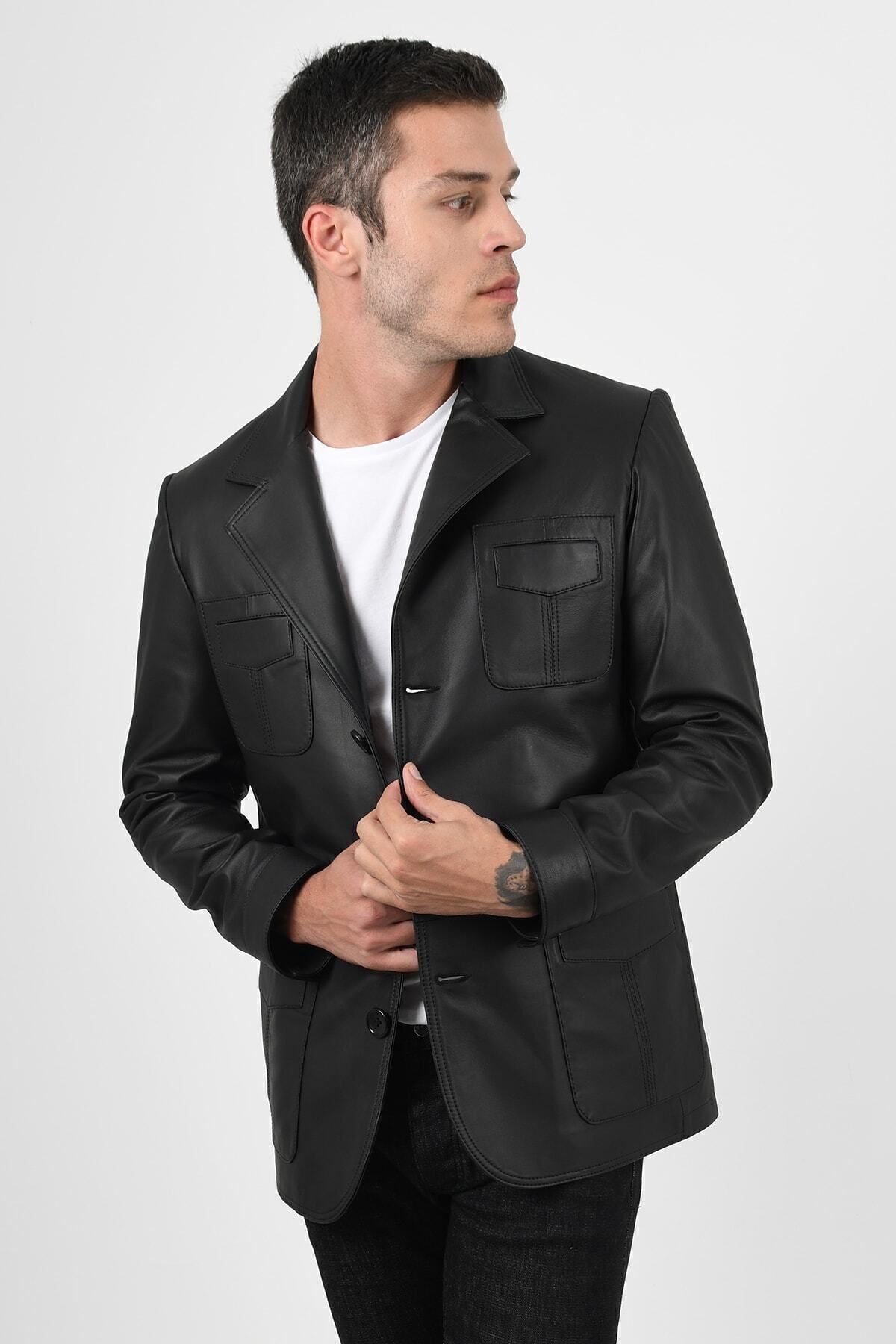 ALIN Martell Men's Genuine Leather Blazer Leather Jacket Black - MALLTURK